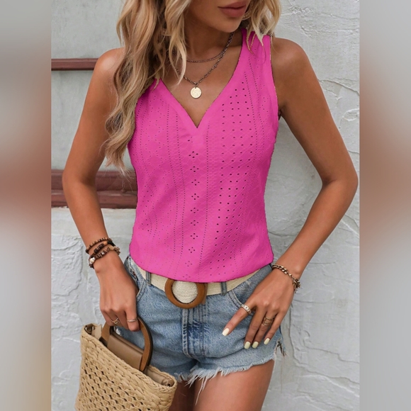 Eyelet V-Neck Wide Strap Tank Top - Picture 1 of 5